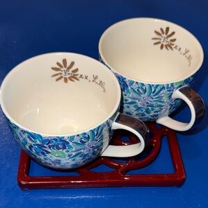 Lilly Pulitzer Coffee Mug Set Floral Blue Green w/ Tray NWOT